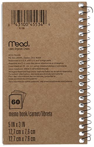 Mead Memo Book, College Ruled, 5 x 3 Inches, Wirebound, 60 Sheets, Assorted (45534)
