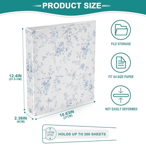 Blue Floral 3 Ring Binder 1.5 inch Binders Three Ring Binders with Clipboard Hold 200 Sheets for Office Supplies - color: Blue Floral Pattern Print