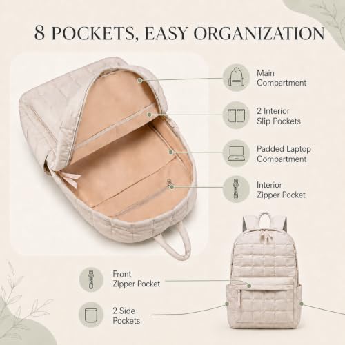 BTOOP School Backpack for Teens Large Cute Bookbag Lightweight 15.6 inch Laptop Bag for Girls Women Casual High School College - color: Beige-gray
