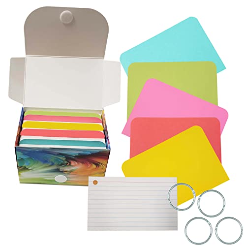 Debra Dale Designs - 3" x 5" Ruled & Hole Punched Index Cards with Four Rings - White - 200 Cards - Study System Box with Bright Cardstock Dividers - Extra Heavy 326 gsm Tag Card Stock - style: 3 x 5 Ruled Punched