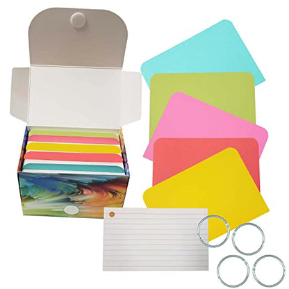 Debra Dale Designs - 3" x 5" Ruled & Hole Punched Index Cards with Four Rings - White - 200 Cards - Study System Box with Bright Cardstock Dividers - Extra Heavy 326 gsm Tag Card Stock - style: 3 x 5 Ruled Punched