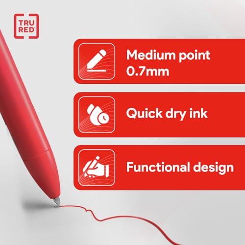 TRU RED Retractable Gel Pens, Medium Point 0.7mm, Red Ink, 12 Pack – Quick‑Dry Pens for Grading, Editing & Mark‑Up - color: Red, size: 12 Pack, style: Medium Point