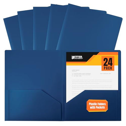 Heavyweight Blue Plastic 2 Pocket Portfolio Folder, Letter Size Poly Folders by Better Office Products, 24 Pack, Royal Blue (no prongs) - style: no prongs