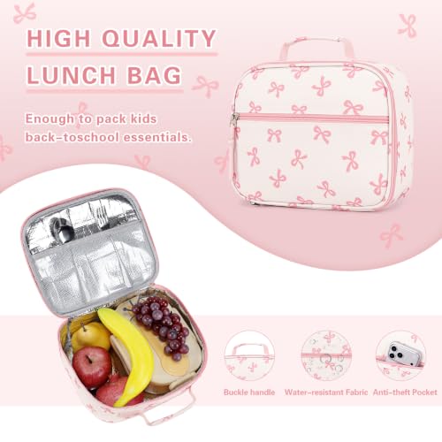 DIGOBAY Rolling Backpack for Girls, Cute Girls Backpack with Wheels, Kids Wheeled backpacks Set with Lunch Bag Pencil Case for Teen Girl, Roller School Bag with Wheels for Elementary Middle School - color: Beige and Pink Bow