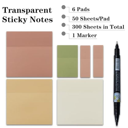 YOUDEFUL Transparent Sticky Notes, 3"x3" Clear Sticky Notes, Waterproof Translucent Sticky Note Pads for Books Annotation, Clear Post it Notes for Bible Study, School, Office - size: Square Brown