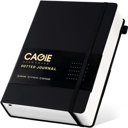 CAGIE Bullet Dotted Journal Notebook 320 Pages 100 GSM Paper Hardcover B5 Dot Grid Notebook Leather Journals for Writing Women Men Work Journaling, Black - color: Black, style: Dotted B5
