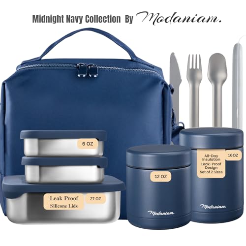 Modaniam Stainless steel Insulated Food Jars set (16Oz + 12 OZ) wide mouth, Insulated Lunch Containers,Insulated food container, Hot Food Lunch Container, Hot Lunch Box - Midnight Navy - color: Zee-MidnightNavy