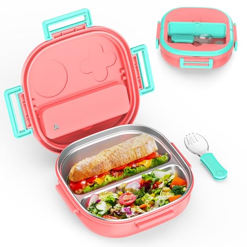 PEDECO Bento Box for Kids Stainless Steel - 2-Compartment - Complete Lunch Set with Portable Utensil - Ideal for Children Under 8 Years Old - Dishwasher Safe & BPA-Free(Pink) - color: Stainless Steel-2-Compartment(Pink), size: Big