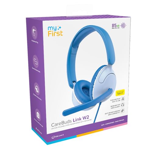 myFirst CareBuds Link W2 Kids Wired Headphones with Microphone, 85dB Volume Limit, 3.5mm On-Ear Headset, Foldable Lightweight Headphones with Rotatable Boom Mic (Mix Blue) - color: Mix Blue