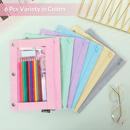 SKYDUE Pencil Pouch for 3 Ring Binder, 3 Ring Zipper Pencil Case with Clear Window, Large Binder Pencil Pouch with Grommets, Three Hole Pencil Holder for School(2 Pack) - color: Pink&black