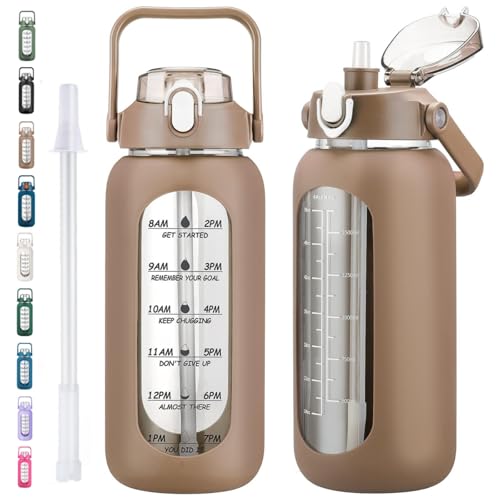 64oz Glass Water Bottles with Straw, Half Gallon Motivational Glass Bottle with Silicone Sleeve and Time Marker, 2L Leakproof Large Glass Water Jug for Gym Home Office,Amber - color: Amber, size: 64 Ounces