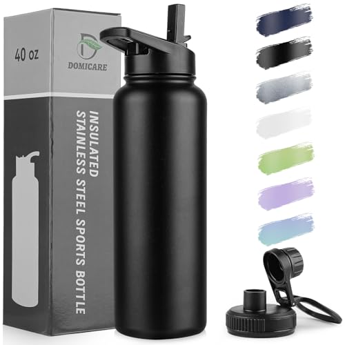 DOMICARE 40 oz Insulated Water Bottle, Vacuum Insulated Stainless Steel Sports Water Bottle with Straw Lid & Spout Lid, Leakproof, Reusable - Travel, Camping, Bike, Black - color: Black, size: 40 Ounces