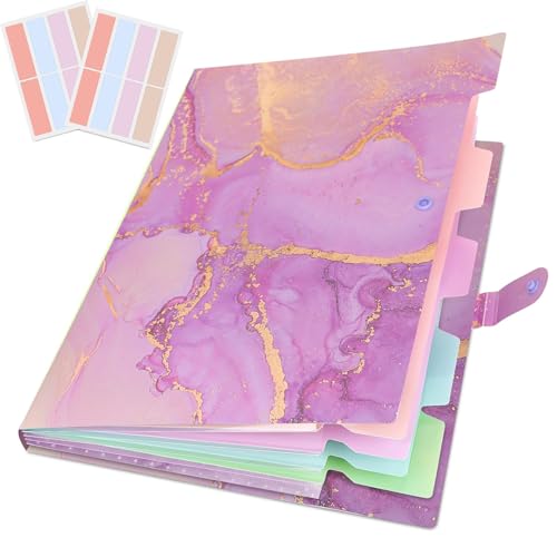 Expanding File Folder, Aesthetic Folders for School, Accordion File Organizer, Aesthetic Folder with Labels,5 Pockets Important Document Folders for School Office Home(Purple Gold) - color: Purple Gold Marble