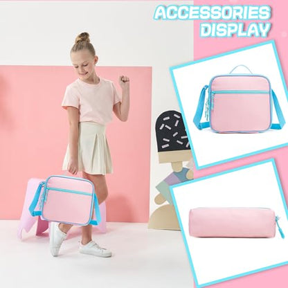 Rolling Backpack for Girls 8-12 Backpack for School Elementary Students with Wheels Lunch Bag Pencil Case Kids Backpacks for Girls Primary School - color: Solid Pink