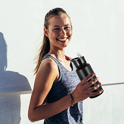 32 oz Insulated Water Bottle Bulk 8 Pack, Stainless Steel Sports Water Bottles with Straw Lid & Wide Mouth Lids, Double Walled Vacuum, Leak Proof, Black - color: Black, size: 32 Ounces-8