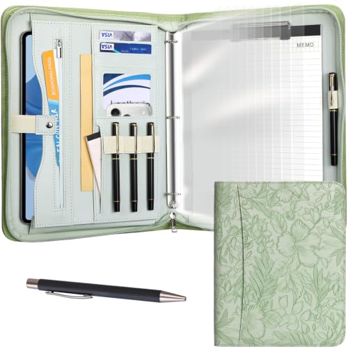 Leathario Portfolio Binder, Padfolio Organizer, 3 Ring Binder with Zipper | Includes Pen and 10 Sheet Protectors, Fits 13 in Tablet, Vegan Leather, for Business Resume Office Professional Men and Women - color: Green-fd