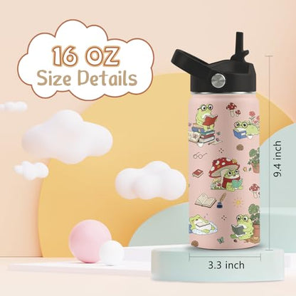 Frog Gifts for Boys Girls, 16 oz Water Bottle with Straw Lid, Frog Water Bottle, Stainless Steel Insulated Tumbler, Cute Frogs Cup, Frogs Themed Gifts - color: Frog