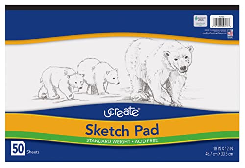 UCREATE - P4747 UCreate Sketch Pad, Standard Weight, 18" x 12", 50 Sheets | Sulphite, White, Long Edge Tape Bound, Heavy Chipboard Back, Acid Free, Recyclable, P4747 - size: 18" x 12"