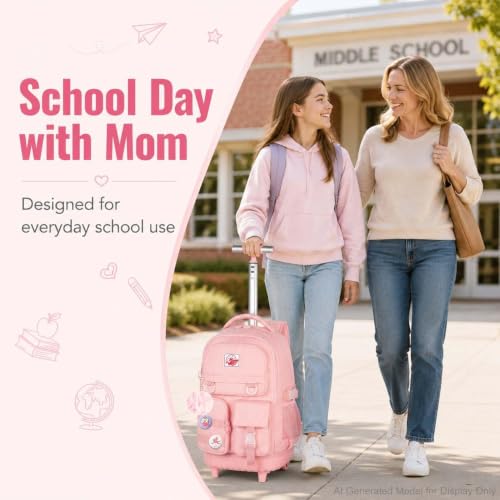 CCJPX Rolling Backpack for Girls Women, 21 inch Roller Wheels School Bookbag, Wheeled Suitcase Backpacks with Lunch Bag for Teen - Pink - color: Pink
