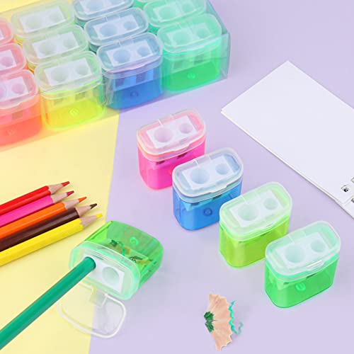 24 Pieces Pencil Sharpeners Manual Dual Holes Pencil Sharpener with Lid Portable Colorful Crayon Sharpener for Kids & Adults, School, Office, Home, Travel