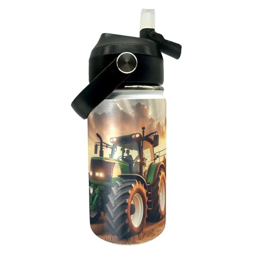 Tractor Kids Water Bottle 12oz Stainless Steel Insulated Bottle Vacuum Leak Proof Straw Lid with Double Wall BPA Free School (Color2) - color: Color2