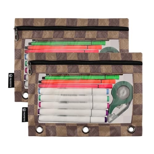ALAZA Brown Checkerboard B Pencil Pouch for 3 Ring Binder 2 Pack Zipper Binder Pencil Bag Case with Clear Window Office Supplies - color: multi603