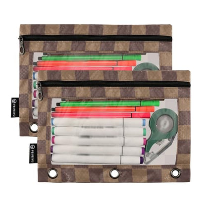 ALAZA Brown Checkerboard B Pencil Pouch for 3 Ring Binder 2 Pack Zipper Binder Pencil Bag Case with Clear Window Office Supplies - color: multi603