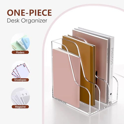 SANRUI Acrylic File Organizer, Compact Desk Organizer for Folders, Binders, Notebooks, Envelopes, Clear Magazine File Holder, 3 Section Bookshelf for School Home Office Organization, A4 Size - size: A4,3 Sections