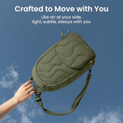 tomtoc 10L Crossbody Sling Bag Backpack for Women, Trendy Puffer Quilted Padded Bag for 13-inch Macbook Air, Macbook Neo A18, 11" iPad Air/Pro, Nintendo Switch 2, Lightweight Travel Chest Bag Daypack - color: Greenlands