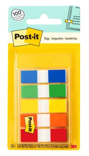 Post-it Flags in Portable Dispenser, 100 Flags/Pack, .47 in x 1.7 in, 20 Each of Red, Bright Orange, Yellow, Green, and Blue (683-5CF) - color: Assorted