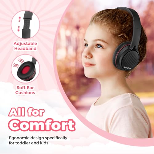 TuneFlux Upgraded Kids Headphones, Wired Toddler Headsets, 85dB Limited Volume On Ear Headphones, Portable Foldable Design, Stereo Sound Kids Headsets for School/Tablet/Travel-Black Red - color: Black Red