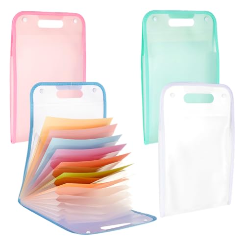 AHANDMAKER 4Pcs Accordion File Organizer, 13 Pocket Expanding File Folder with Labels 4 Colors Portable Plastic Document Folder for A4 Letter Size Papers Organization School Office Home Use