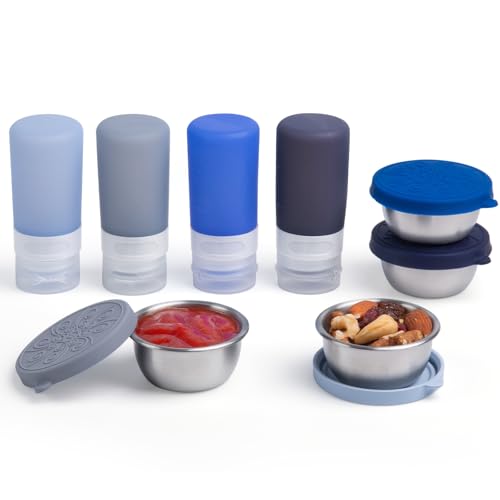 MICEBAY 8-Pack Salad Dressing Container To Go, 2-oz Silicone Small Condiment Squeeze Bottles and 1.6 oz Stainless Steel Sauce Containers Cups, Leakproof Condiment Containers with Lids for Lunch Box - color: Blue, size: 2-oz