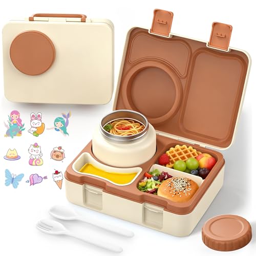 Bento Box for Kids, Leakproof Kids Bento Lunch Box Container with 8oz Insulated Thermo Food Jar, Sauce Jar, Utensil, DIY Stickers for School Boys Girls, 3-4 Compartments, BPA-Free - color: Beige