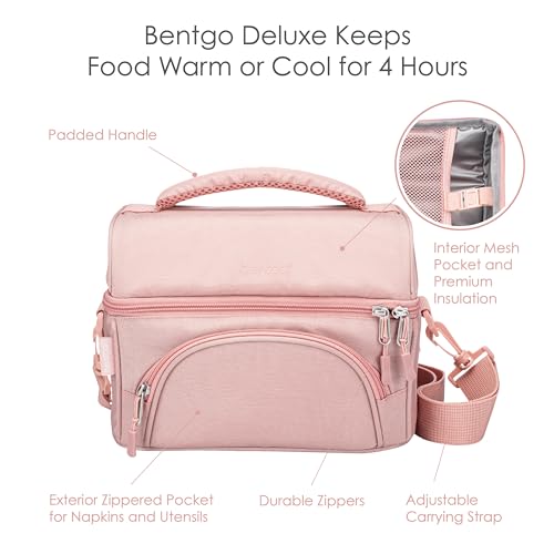 Bentgo Deluxe Lunch Bag - Durable and Insulated Lunch Tote with Zippered Outer Pocket, Internal Mesh Pocket, Padded & Adjustable Straps, & 2-Way Zippers - Fits Most Lunch Boxes (Blush) - color: Blush