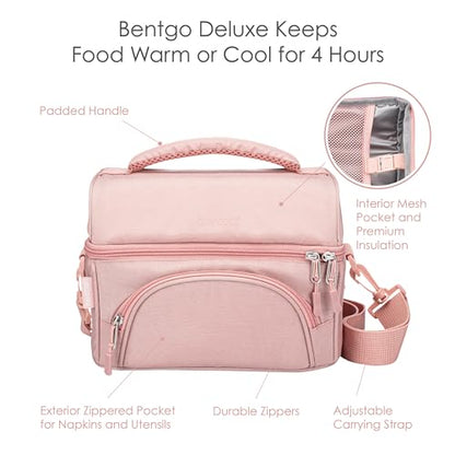 Bentgo Deluxe Lunch Bag - Durable and Insulated Lunch Tote with Zippered Outer Pocket, Internal Mesh Pocket, Padded & Adjustable Straps, & 2-Way Zippers - Fits Most Lunch Boxes (Blush) - color: Blush