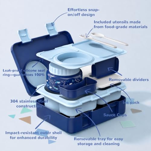 Kids Lunch Box with Thermo, Leakproof Bento Box for Kids with 8OZ Insulated Food Jar, Ice Pack, Sauce Cup, Utensils, Removable Tray & Dividers for School Daycare Travel (Sharks) - color: Sharks