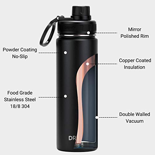 Drinco Stainless Steel Water Bottle Spout Lid Vacuum Insulated Double Wall Water Bottle Wide Mouth (40oz 32oz 22oz 18oz 14oz) Leak Proof Keep Cold Sport Camping Hiking (22 oz, 22oz Black) - color: 22oz Black, size: 22 Ounces