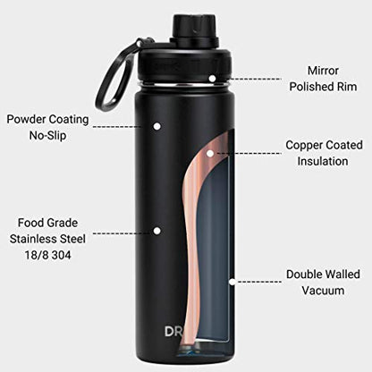 Drinco Stainless Steel Water Bottle Spout Lid Vacuum Insulated Double Wall Water Bottle Wide Mouth (40oz 32oz 22oz 18oz 14oz) Leak Proof Keep Cold Sport Camping Hiking (22 oz, 22oz Black) - color: 22oz Black, size: 22 Ounces