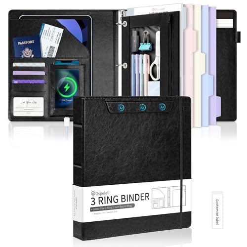 Ospelelf Leather 3 Ring Binder 1 Inch Round Ring, Vintage Black Magnetic Clipboard Binder with 5 Pocket Dividers, Storage Pouch, Professional Binder with Notepad (11" x 8.5") for Office School - color: Black