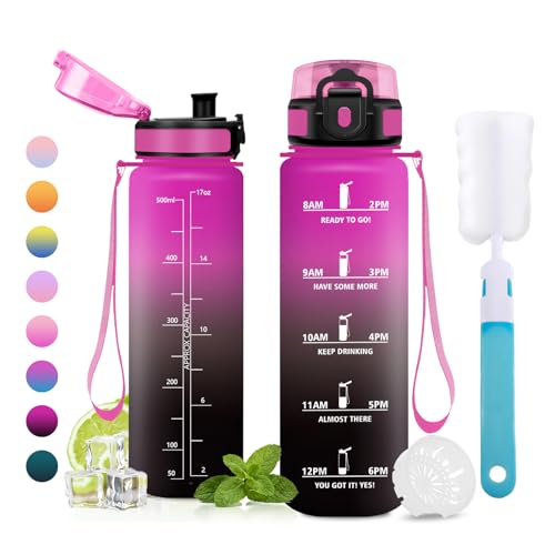 500ml Water Bottle, BPA Free, Water Bottle with Filter, Motivational, Time Markers Bottle for Students, Office, Sports - color: 500ml Red Purple + Black, size: 16.9 Ounces