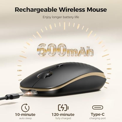 TECKNET Rechargeable Slim Portable Silent Computer 2.4 GHz Wireless Mouse | Lightweight Ambidextrous with USB-A Receiver, 4000 DPI Optical Tracking 90-Day Battery Life, Compatible with PC, Mac, Laptop - color: Black gold