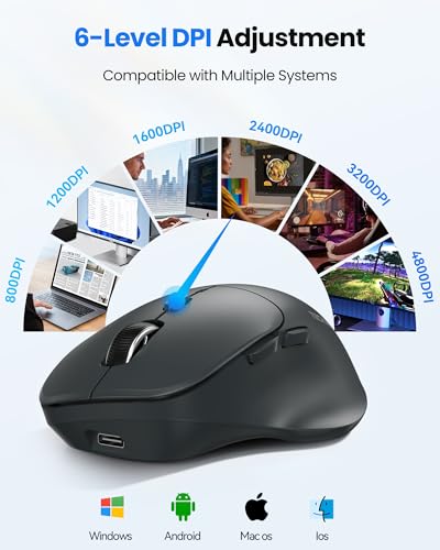 TECKNET Wireless Mouse Bluetooth 5.0/3.0 & 2.4G Rechargeable, Silent Clicks, Adjustable 4800 DPI, 6 Buttons, Ergonomic Design, Bluetooth Mouse for Laptop, Computer, ipad - Gray - color: Gray