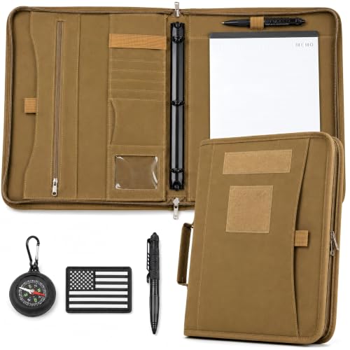 Padfolio Binder with Detachable 3-Ring Binder, Tactical Notebook Cover with Zipper, Multi-Pocket Portfolio Organizer with Handle, Letter Size Paper, Pen and Compass for Field Work School - color: Khaki