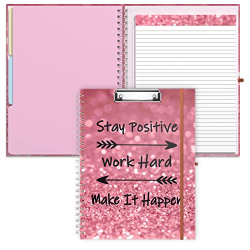 Rimilak Spiral Clipboard Folio with Refillable Lined Notepad, 14.5 x 9.8 In, Hardcover Cover with 5 Interior Pockets, Elastic Band and Pen Loop Series. Cute Stylish Clipfolio, Work Hard - color: Work Hard