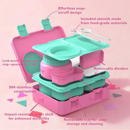 Bento Box for Kids, Leakproof Kids Bento Lunch Box Container with 8oz Insulated Thermo Food Jar, Sauce Jar, Utensil, DIY Stickers for School Boys Girls, 3-4 Compartments, BPA-Free - color: Rose Pink