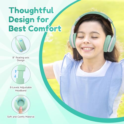 EarFun K2 Kids Bluetooth Headphones, Kids Headphones with Volume Limited, 40H Playtime, Built-in Mic, Stereo Sound, Foldable Over-Ear Headphone for School/Travel/iPad/Tablet, Green - color: Green
