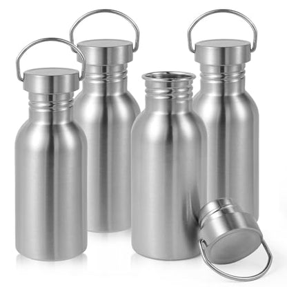 Volhoply 16oz Stainless Steel Water Bottle with Handle 4 Pack,Non Insulated Single Wall, No Plastic 18/8 304 Metal Water Bottles with Wide Mouth for Camping, Hikers, Cyclists - size: 16 Ounces