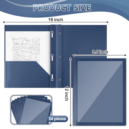 Teling 24pcs Heavy Duty Plastic Folders with Clear Front Pocket and Card Slot, 3 Prongs and 2 Pockets, Letter-Size, Reports Document Presentations Office Supplies, Back to School Gifts (Blue) - color: Blue