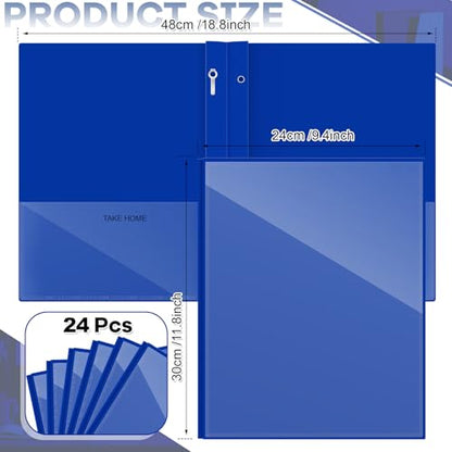 Henoyso 24 Pcs Dark Blue Plastic Folders with Clear Front Pocket and 3 Prong Take Home Plastic 2 Pocket Folder Back to School for Students Parent Teacher Communication for School Office - color: Dark Blue